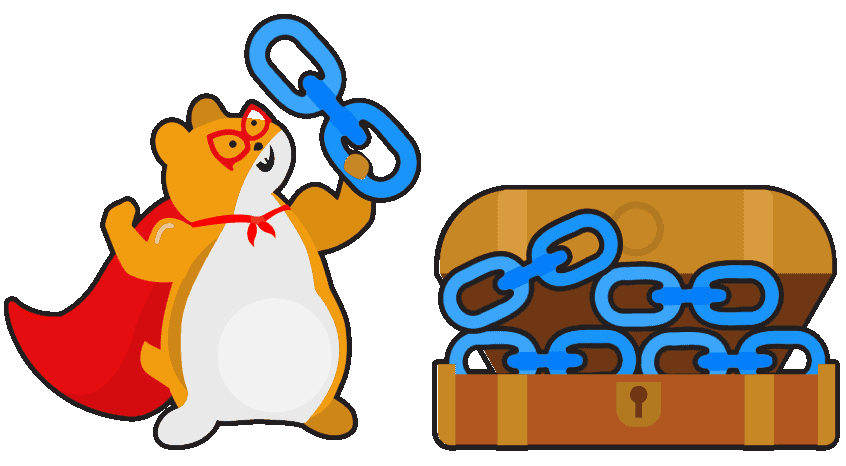Hamster stylised as a superhero (wearing cape) next to a treasure chest full of links